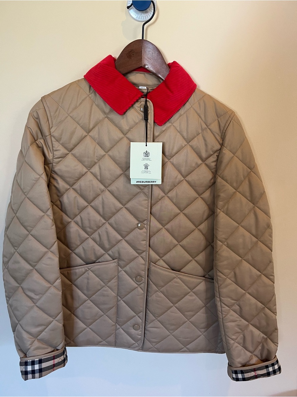 Burberry Quilted Tan Jacket with Red Corduroy Collar